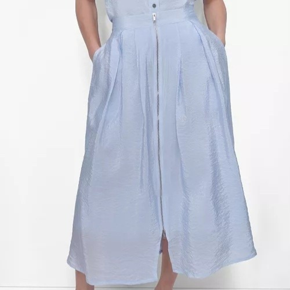 DKNY Zip Front Full Tech Midi Skyway Blue Flare Skirt Womens Size XL NWT